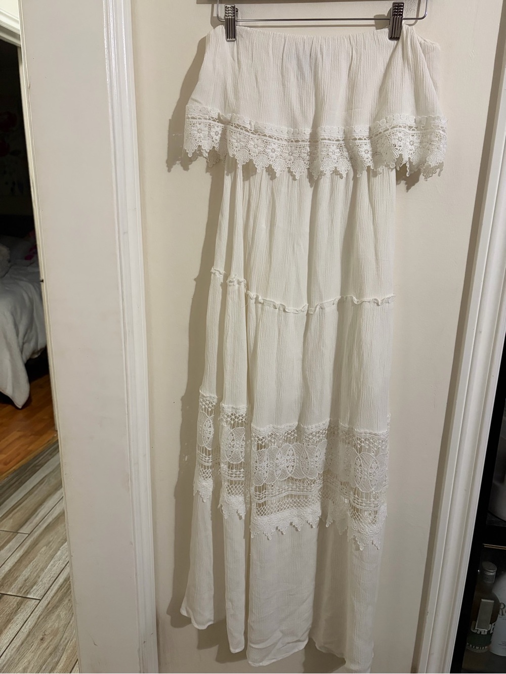 Forever 21 White Crochet-Trim Off-strapless Boho Maxi Dress